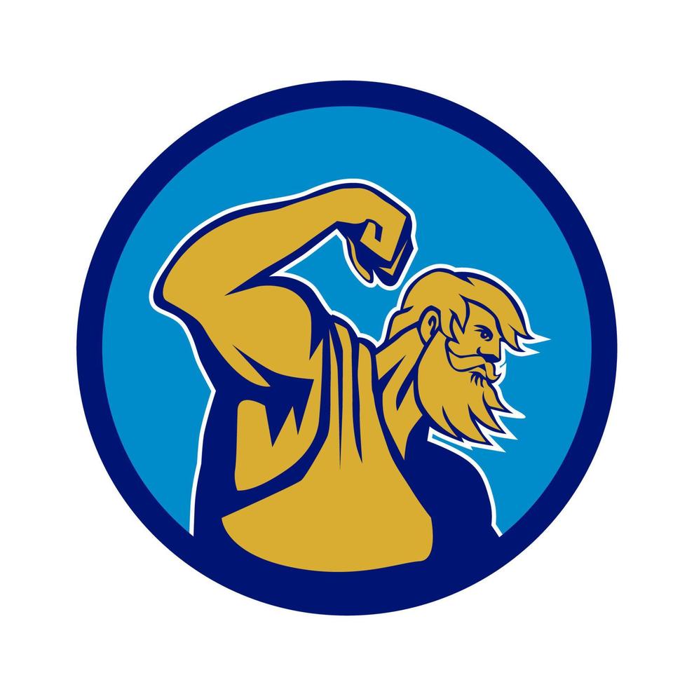 Neptune Poseidon Flexing Muscle Circle Retro vector