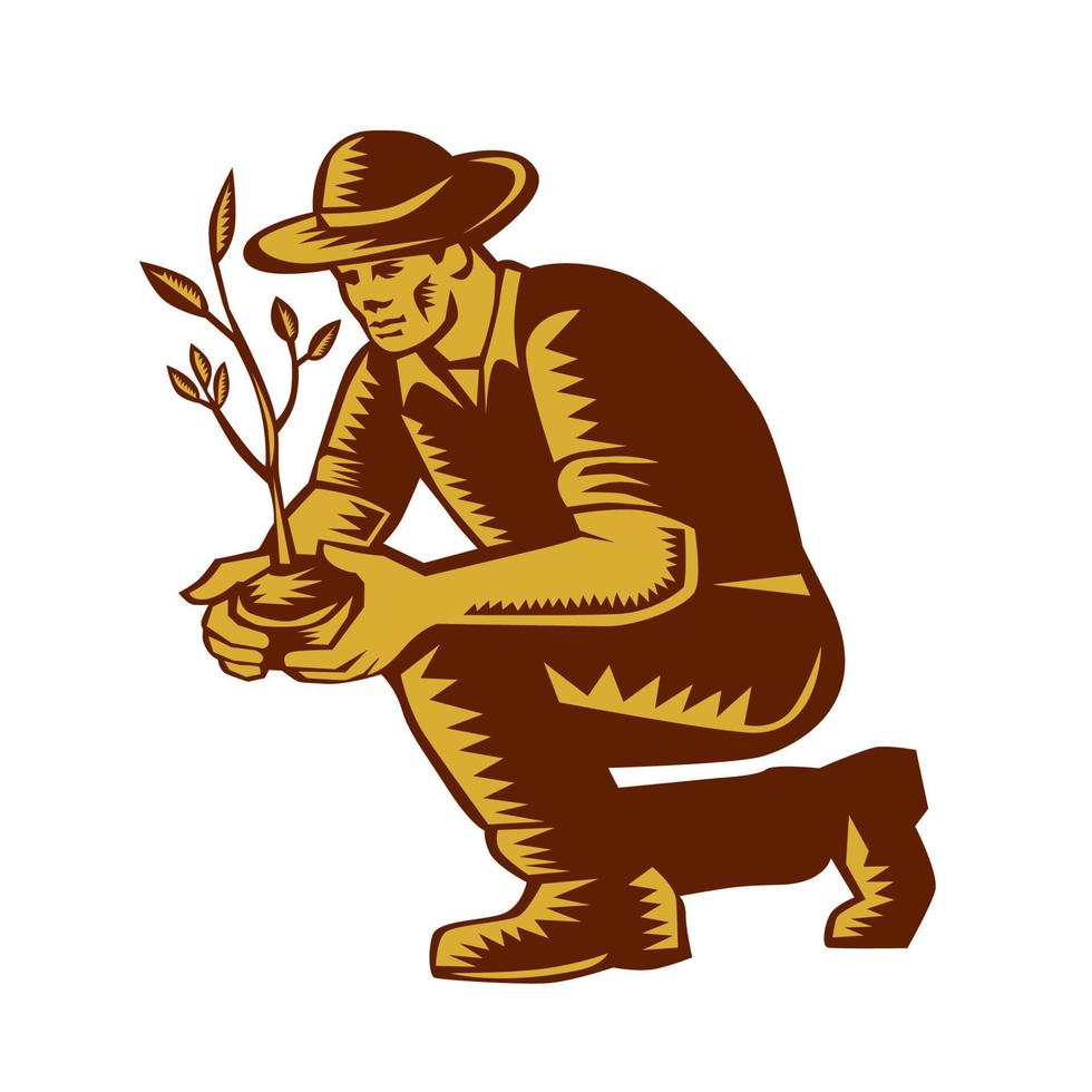 Organic Farmer Planting Tree Woodcut Linocut vector