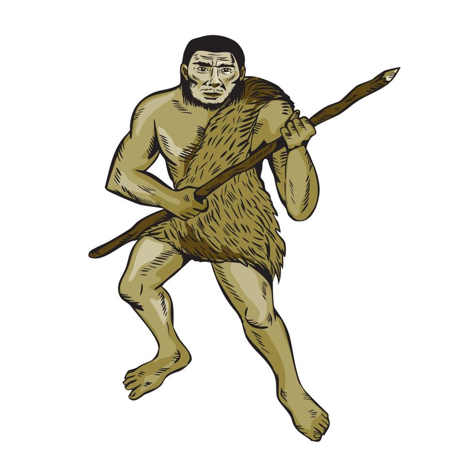 Neanderthal Man Holding Spear Etching vector