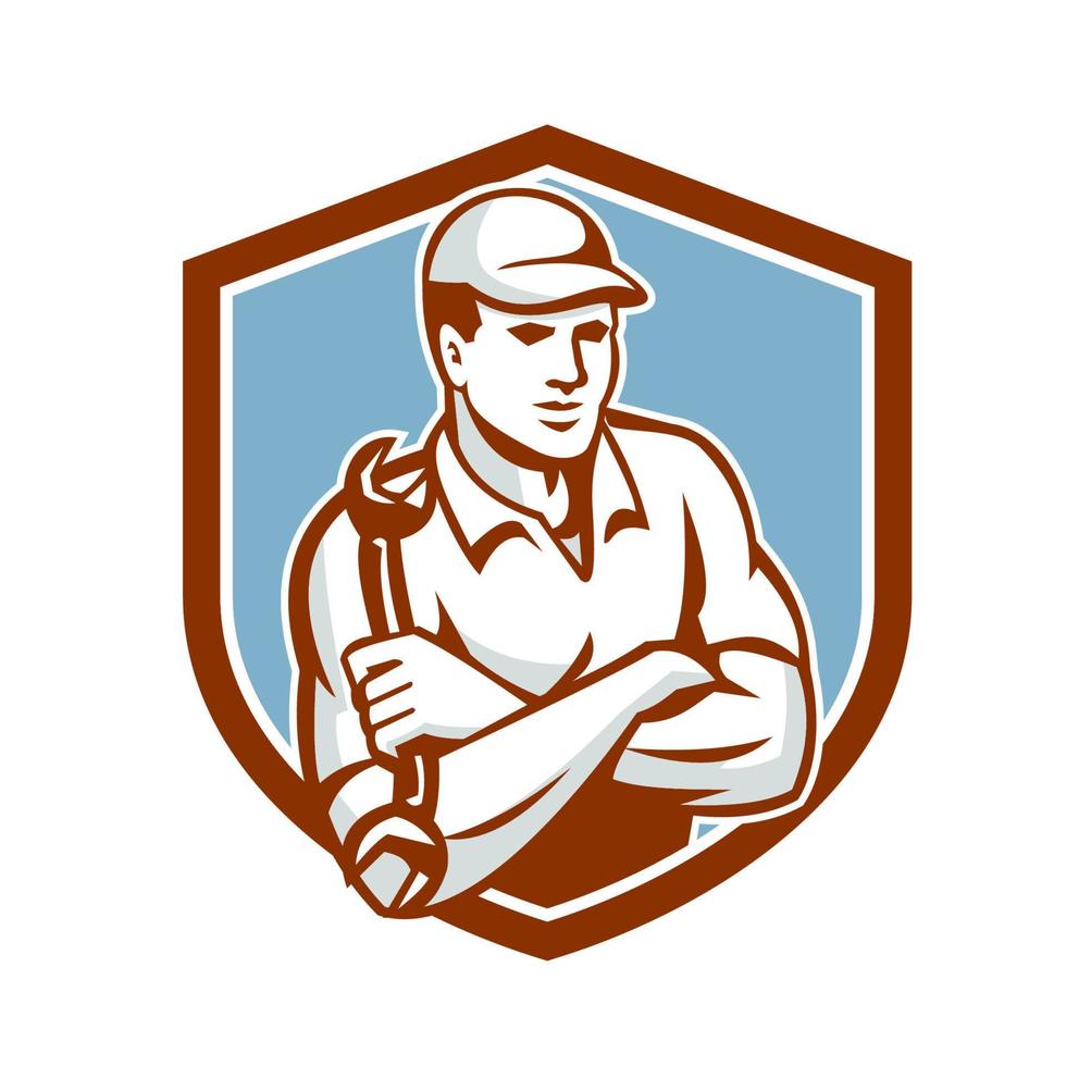 Mechanic Holding Spanner Arms Crossed Shield vector