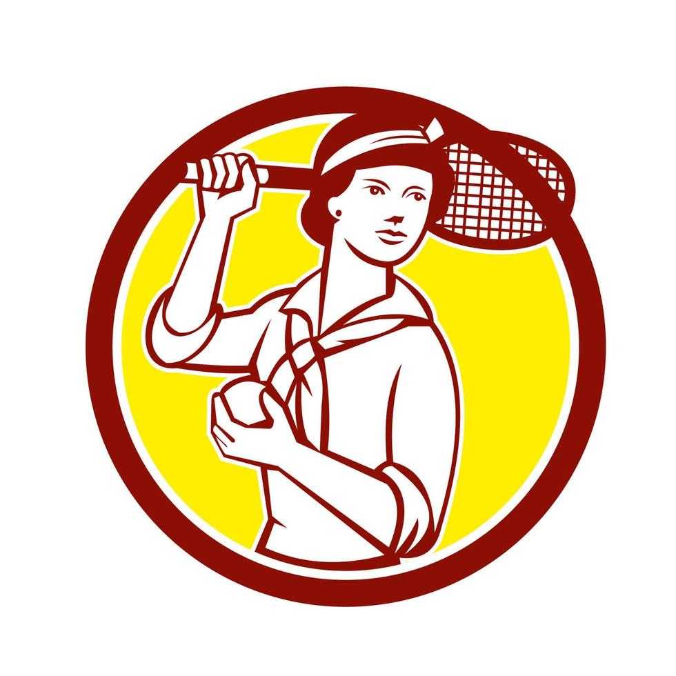 jugadora de tenis raqueta vintage círculo retro vector