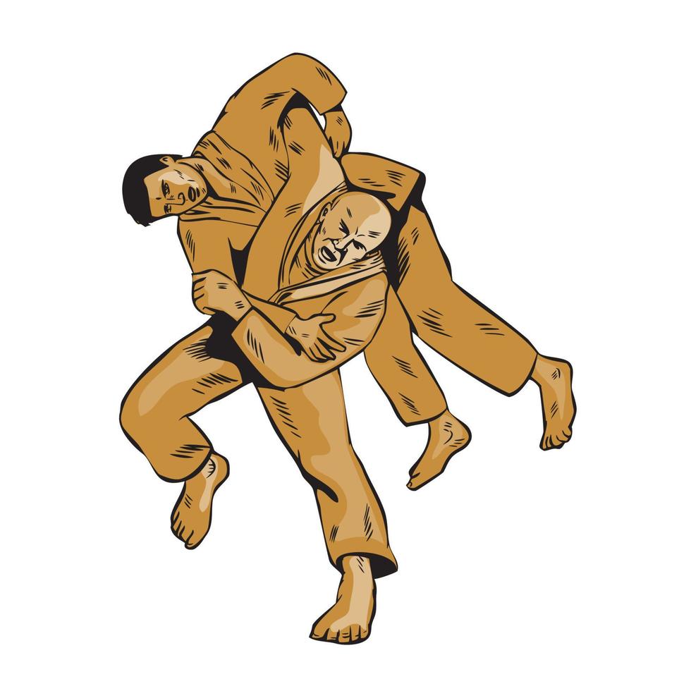 combatientes de judo lanzan grabado frontal vector