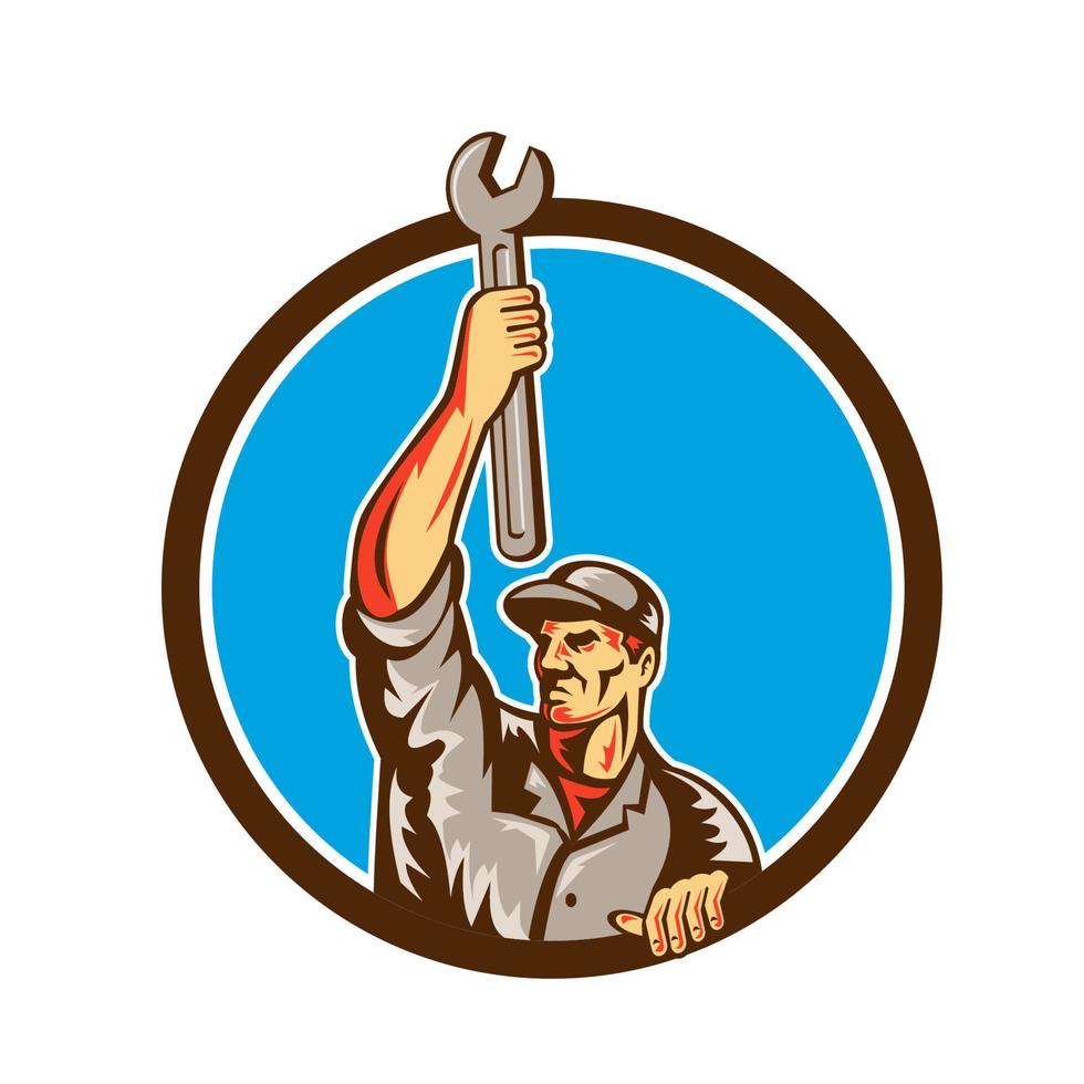 Mechanic Raising Up Spanner Circle Retro vector