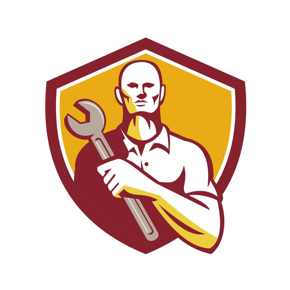 Mechanic Holding Wrench Shield Retro vector