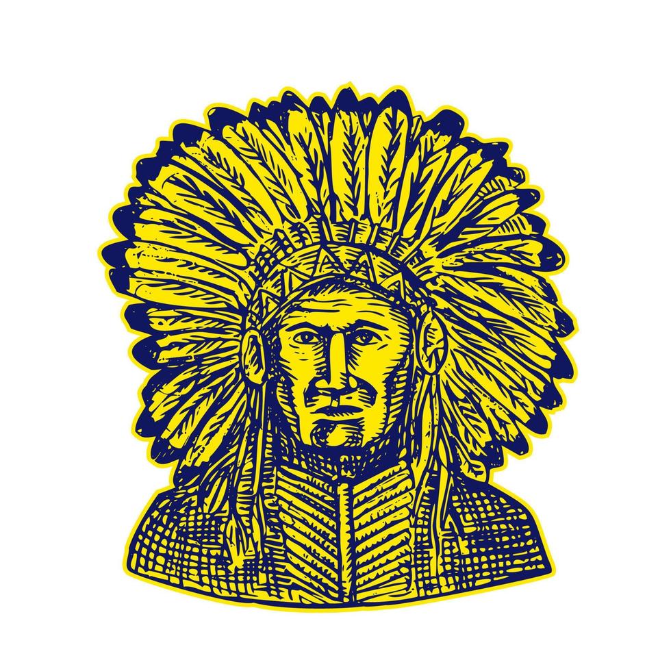 Native American Indian Chief Warrior Etching vector