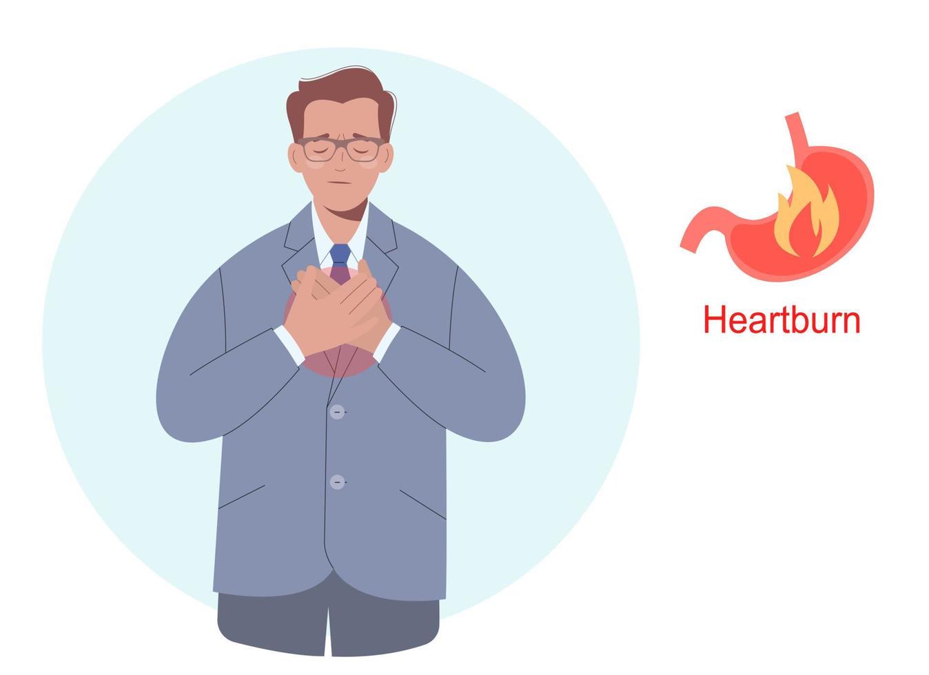 hombre que tiene acidez estomacal, gastritis o problemas estomacales. enfermedad por reflujo ácido estomacal y problema del sistema digestivo vector