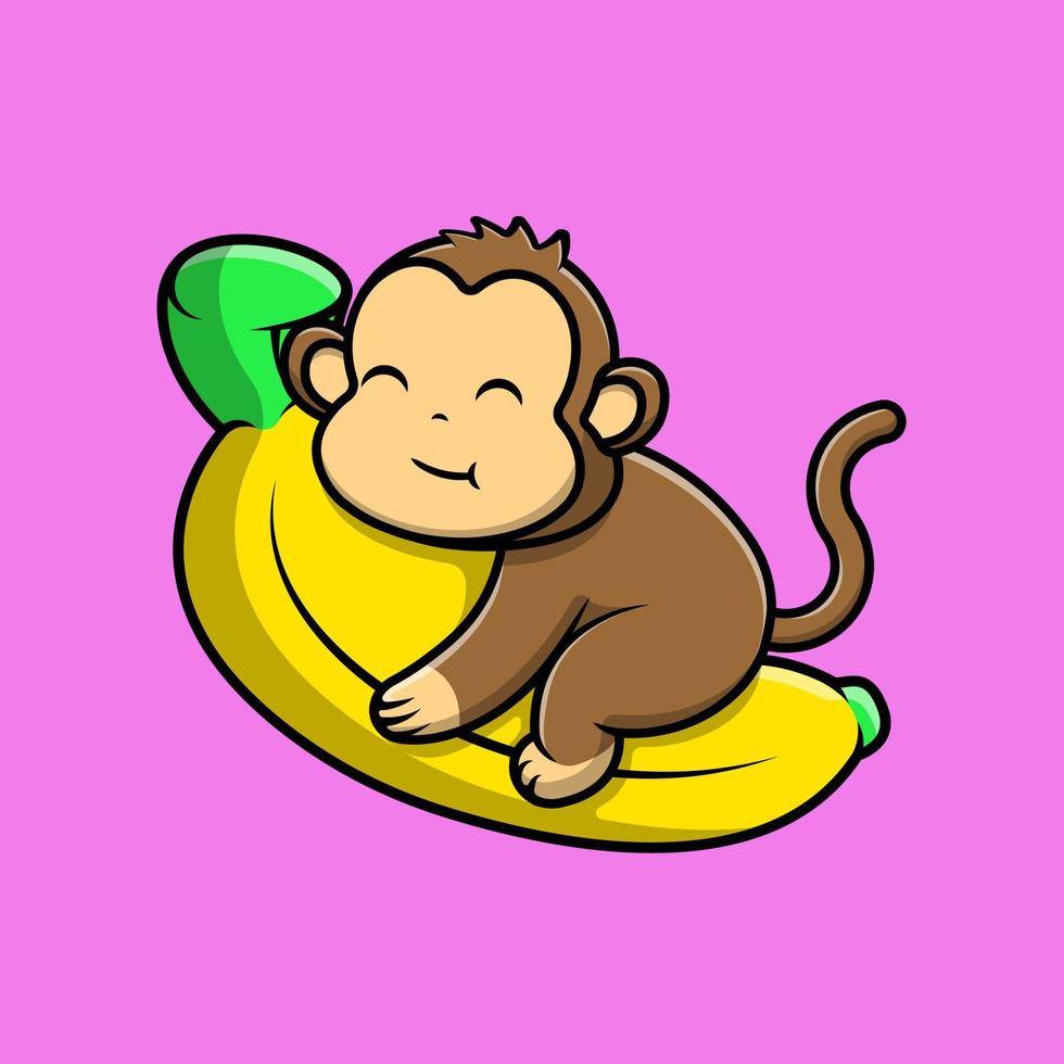 Cute Monkey On Big Banana Fruit Cartoon Vector Icons Illustration. Flat Cartoon Concept. Suitable for any creative project.