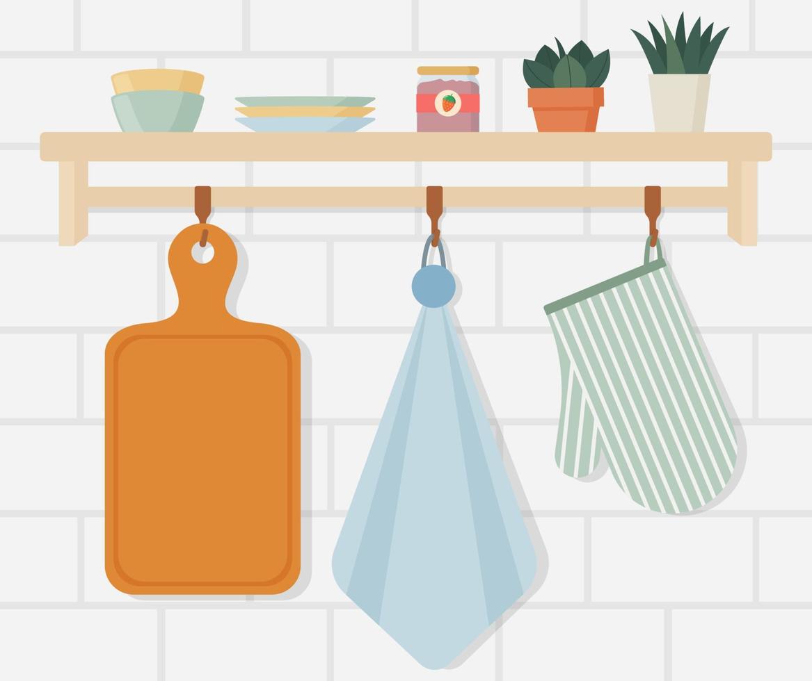 Kitchen equipment and dishware on shelf. vector