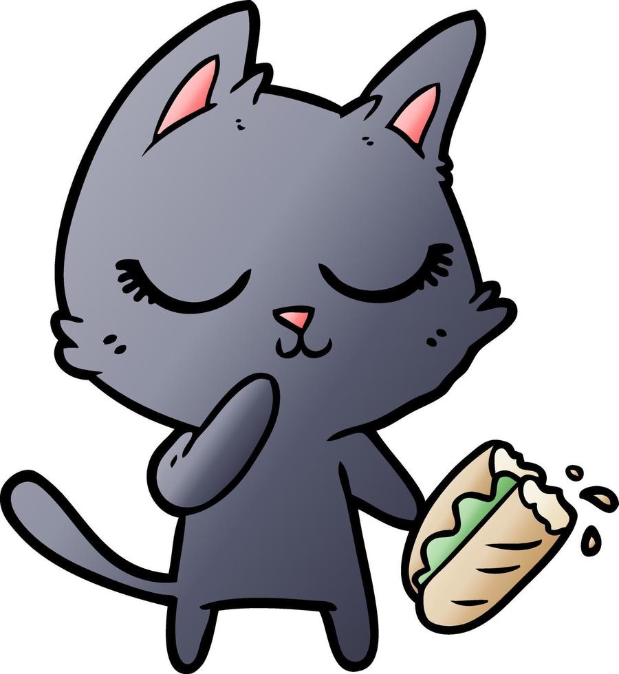 gato de dibujos animados tranquilo considerando compartir una baguette vector