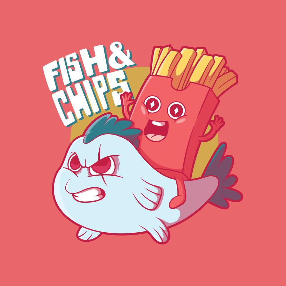 Chips package riding a fish vector illustration. Food, funny, brand design concept.