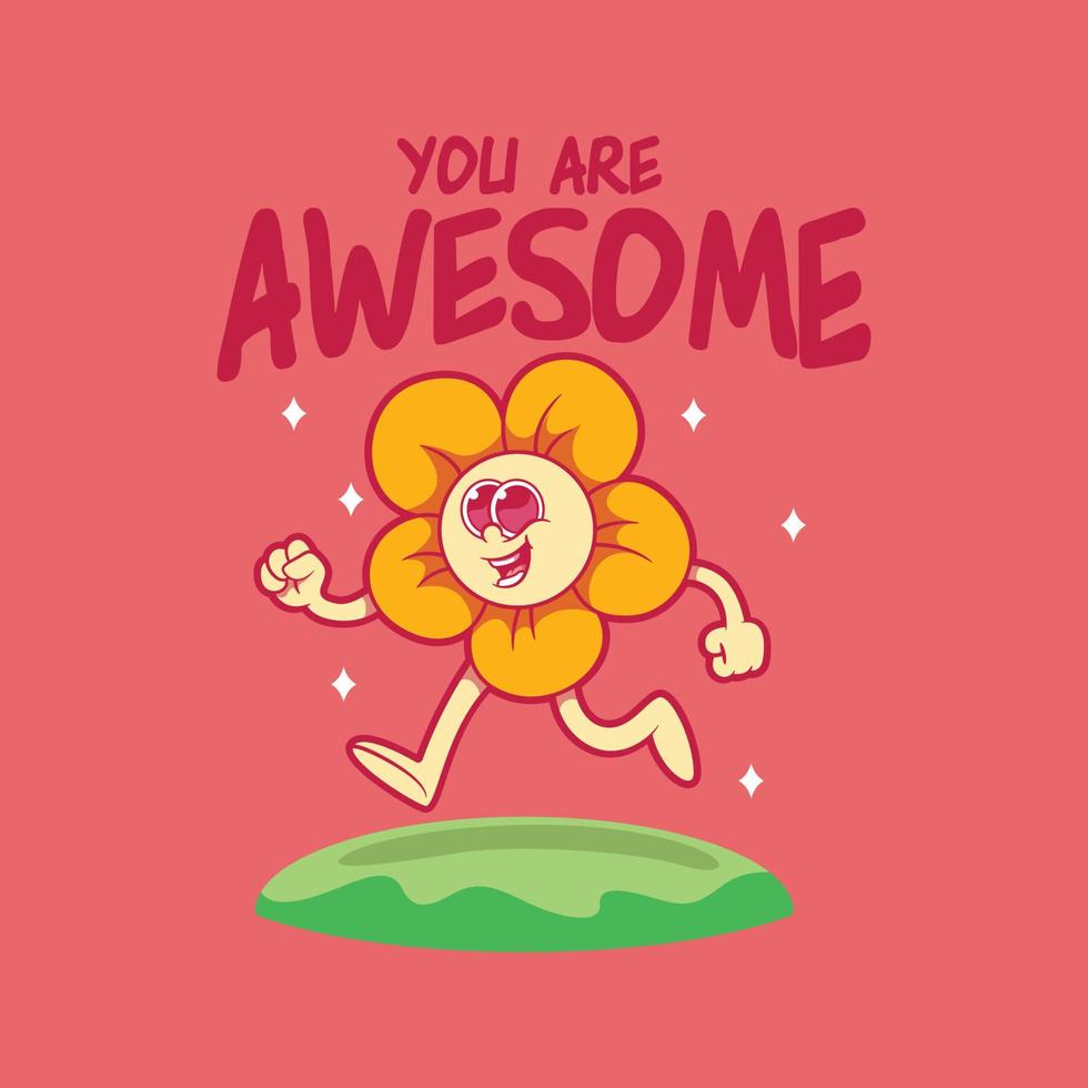 Happy Flower character running vector illustration. Inspiration, motivation, funny design concept.