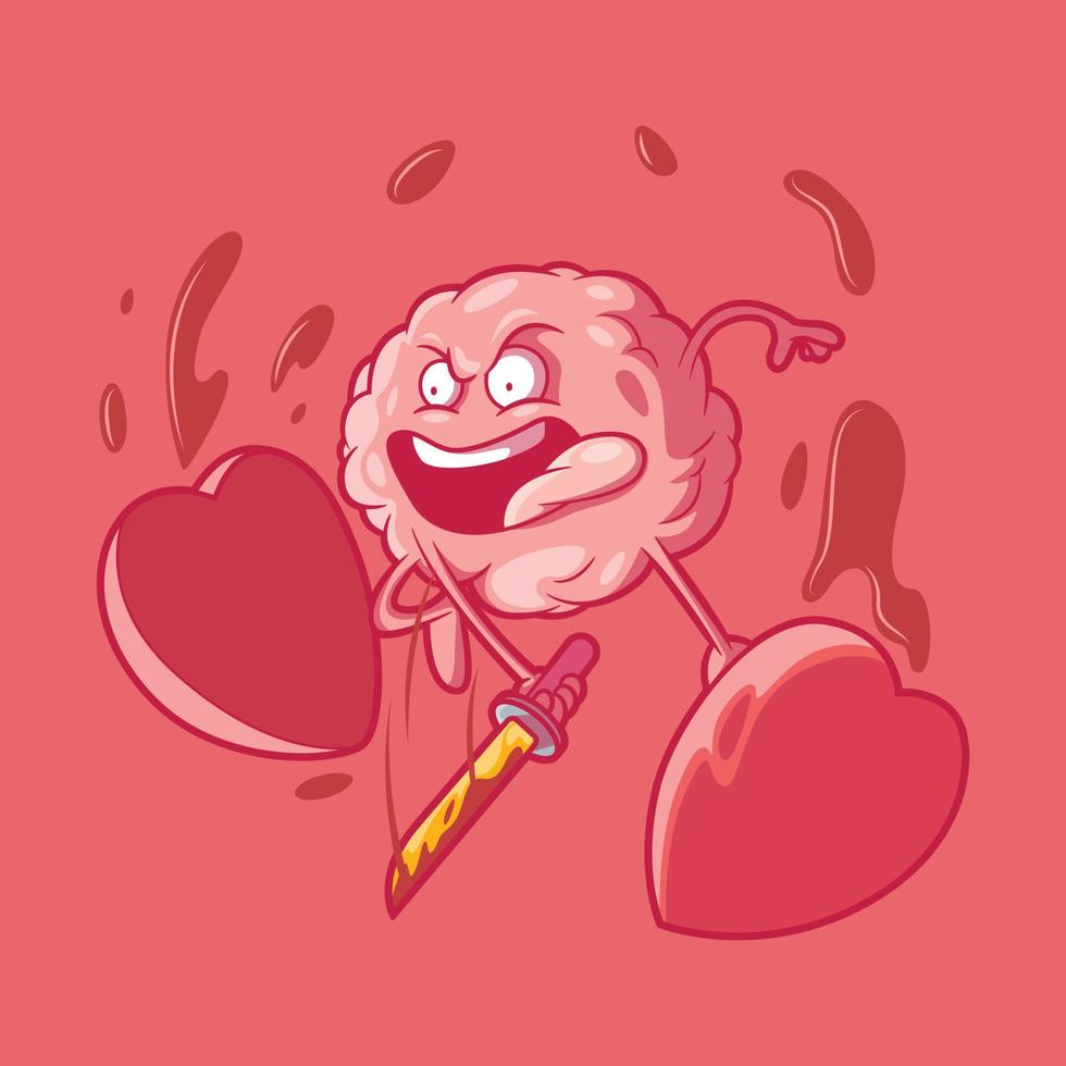 carácter cerebral cortando una ilustración de vector de corazón. amor, mascota, concepto de diseño divertido.