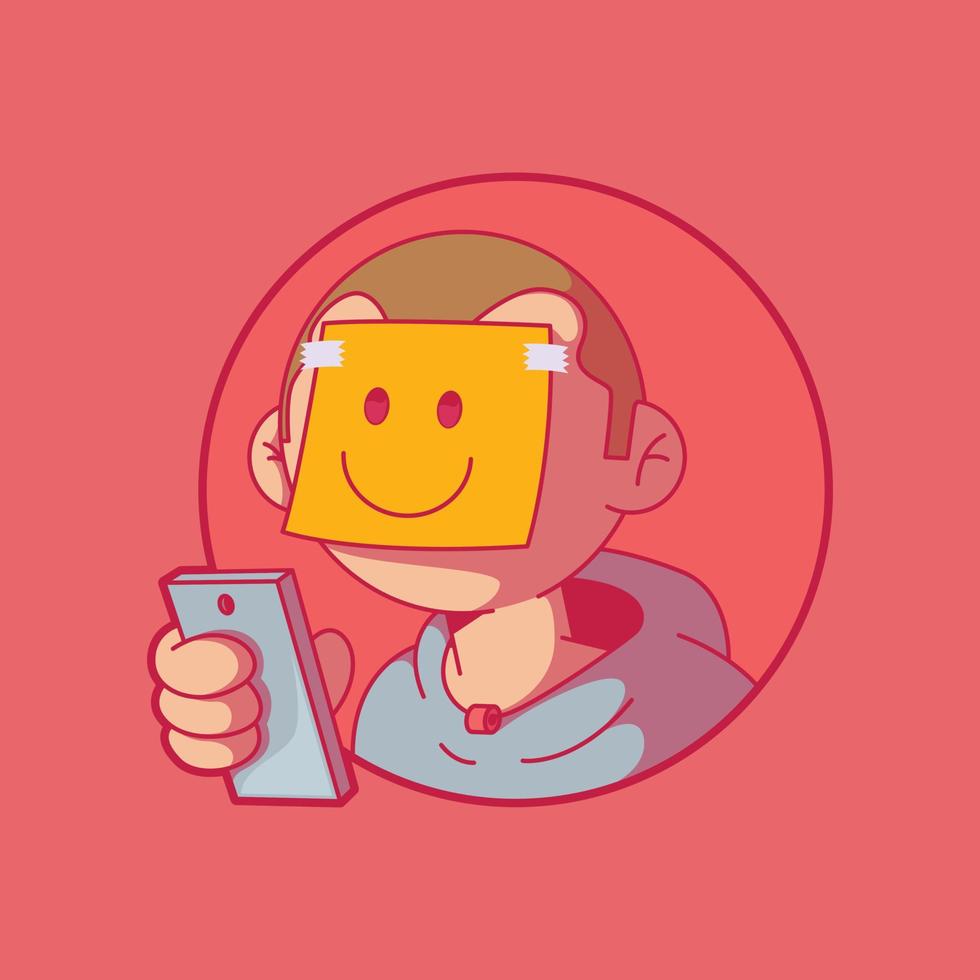 un personaje que sostiene un teléfono inteligente con una ilustración de vector de cara feliz. redes sociales, tecnología, concepto de diseño de emoticonos.