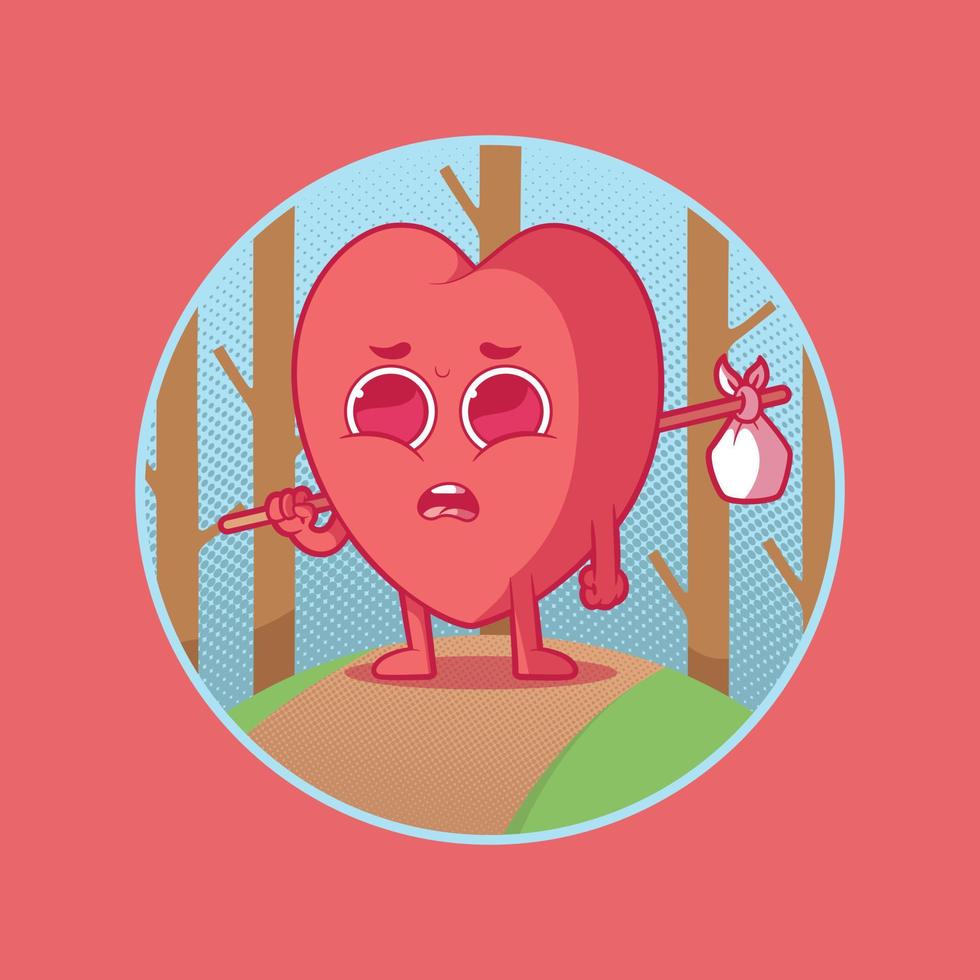 Sad Heart lost in the nature vector illustration. Relation, love, mascot design concept.