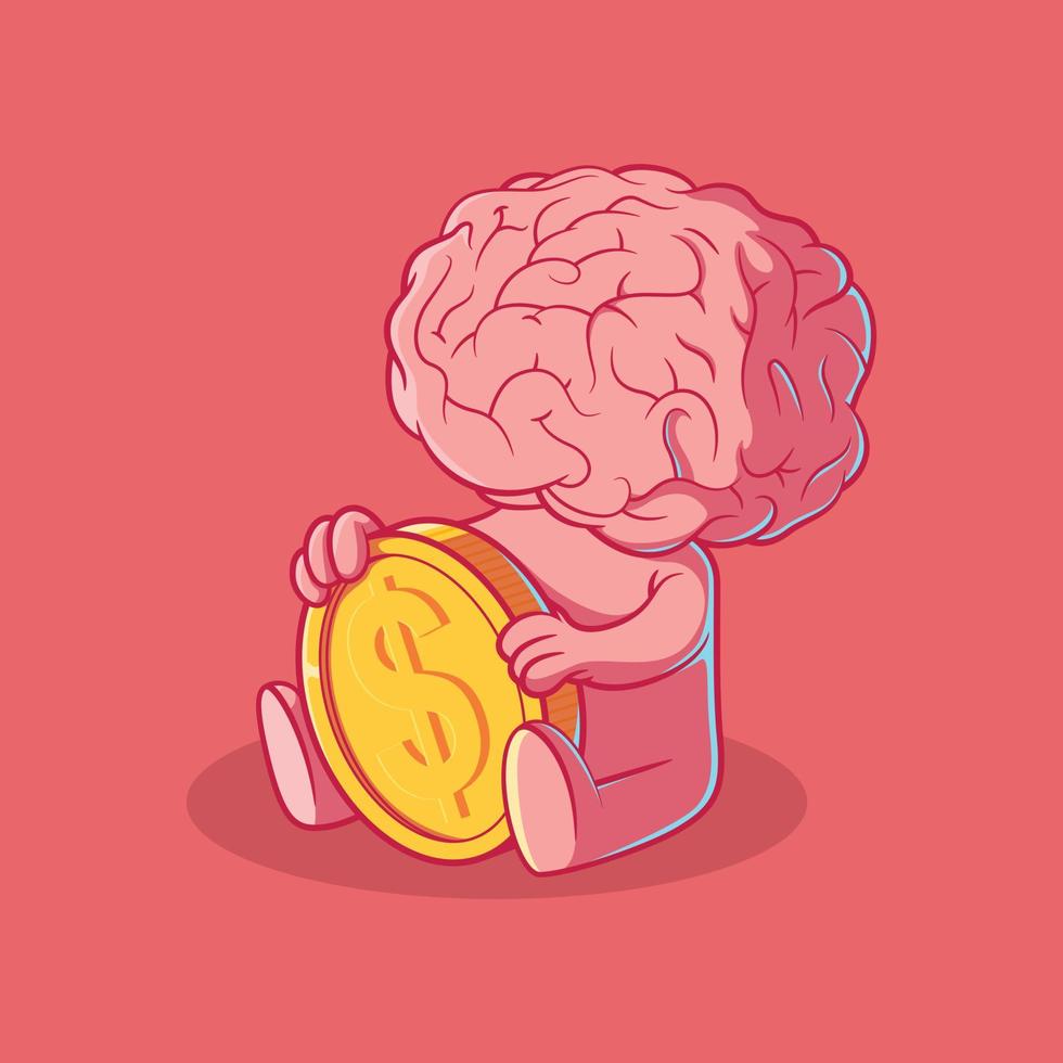 Brain character holding a coin vector illustration. Finance, mind, money design concept.