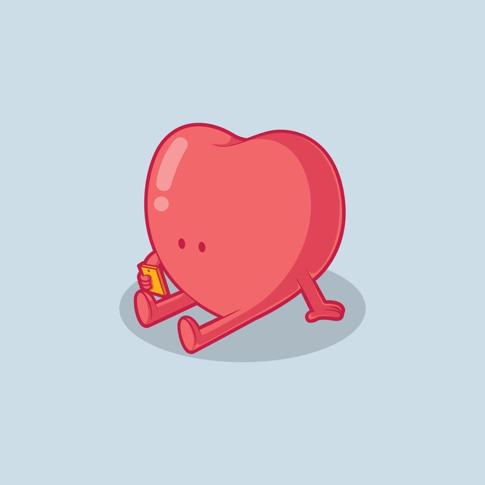 personaje de corazón esperando sosteniendo una ilustración de vector de teléfono. tecnología, amor, concepto de diseño de conexión.