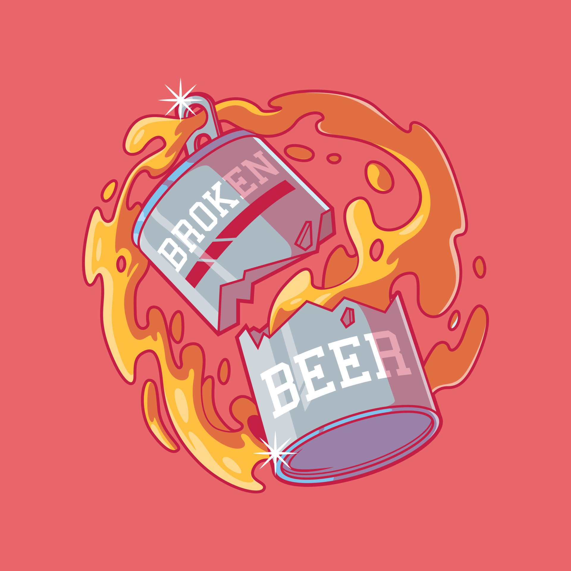 Broken beer can spilling liquid vector illustration. Drink, brand, fun