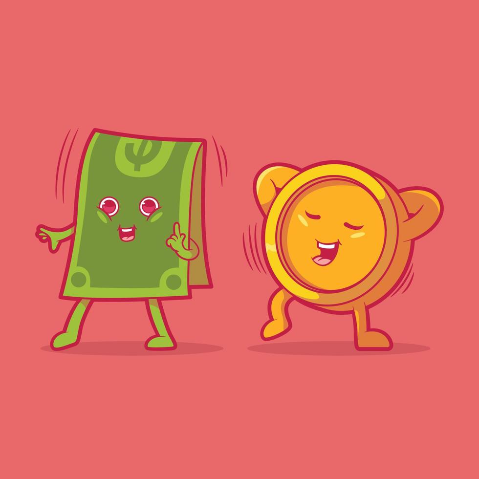 Coin and bill characters dancing vector illustration. Dance, funny, finance design concept.