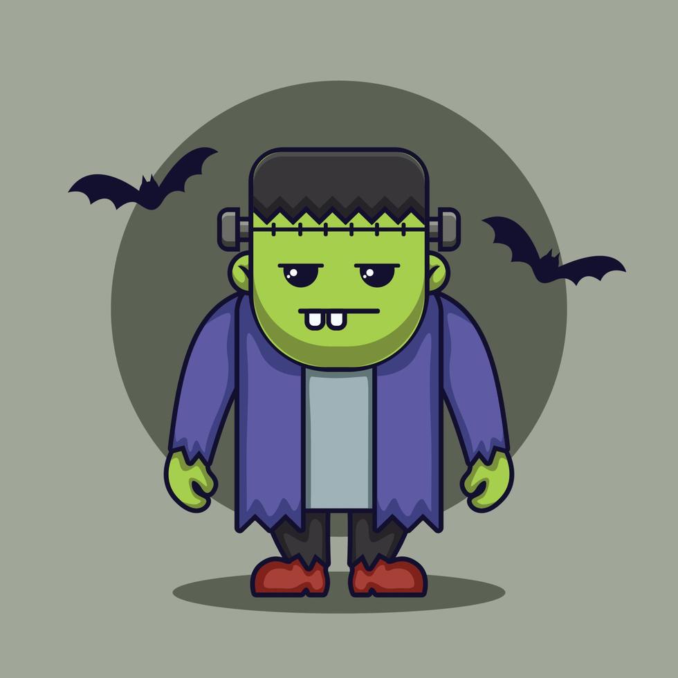 lindo personaje de frankenstein de halloween con murciélago vector