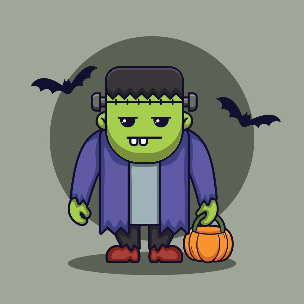 halloween lindo personaje de frankenstein traer calabaza vector