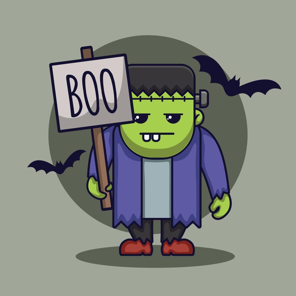 Halloween Cute Frankenstein Character with Boo Sign vector