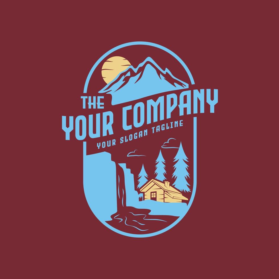 Vintage Outdoor Emblem with Waterfall, Mountain, and Cabin House Logo vector