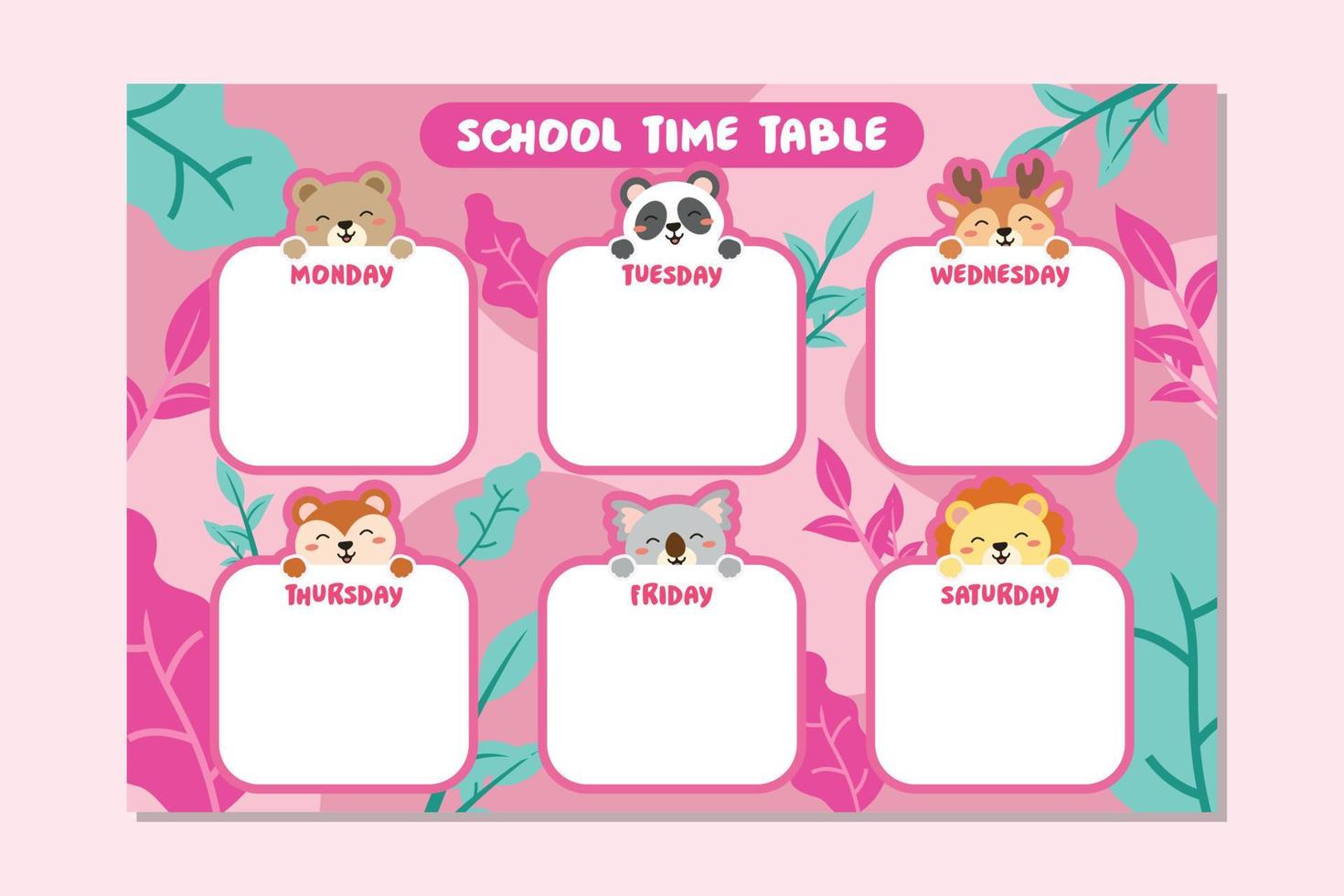 Back to School TimeTable Template Cute Animal Theme vector