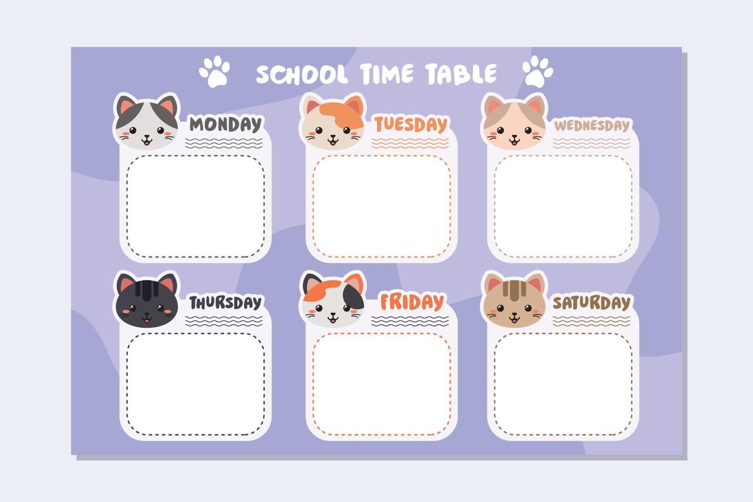 Back to School TimeTable Template Cute Cat Theme vector