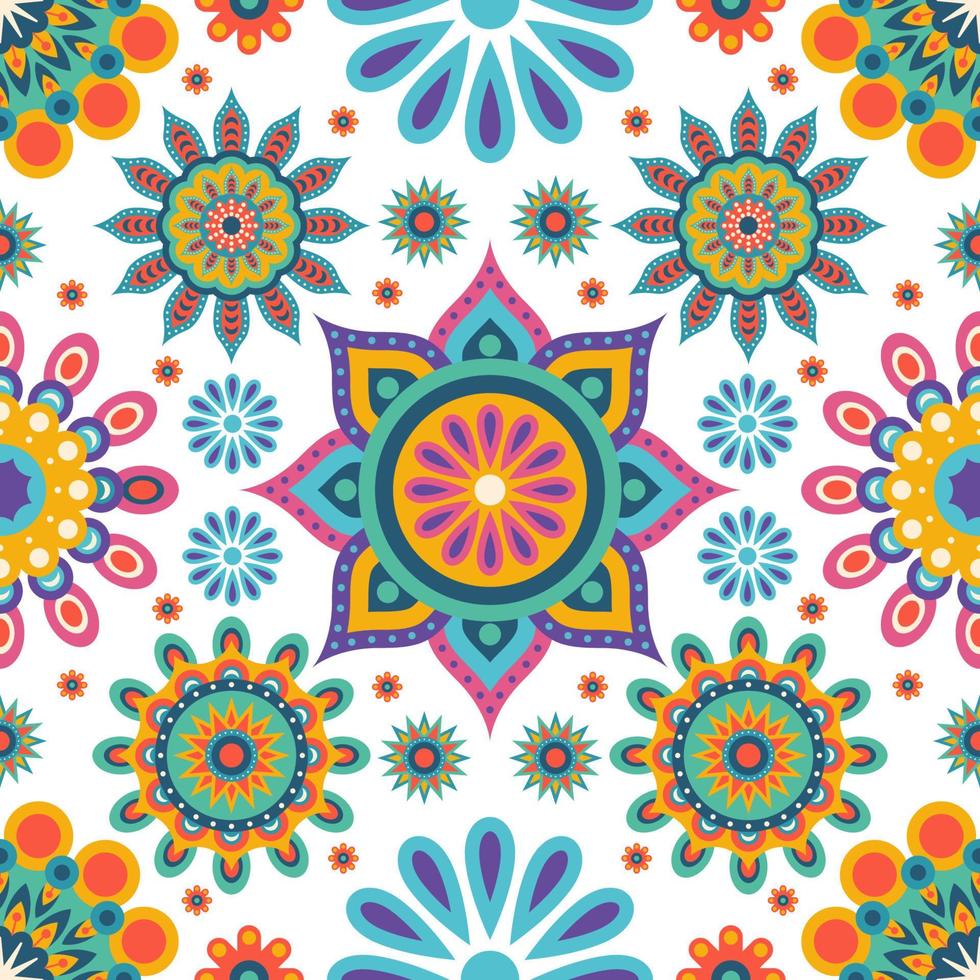 Rangoli Colorful Geometric Flowers Seamless Pattern Background vector
