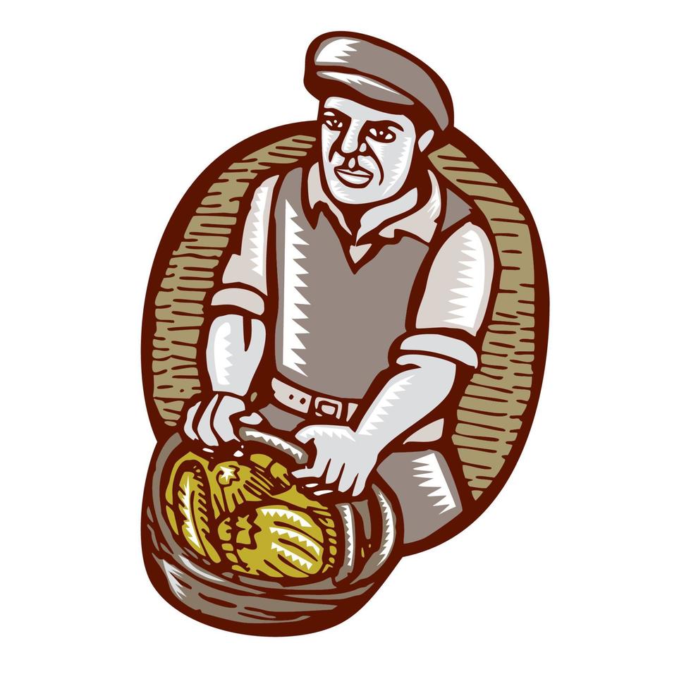 agricultor orgánico cosecha cesta grabado en madera linóleo vector