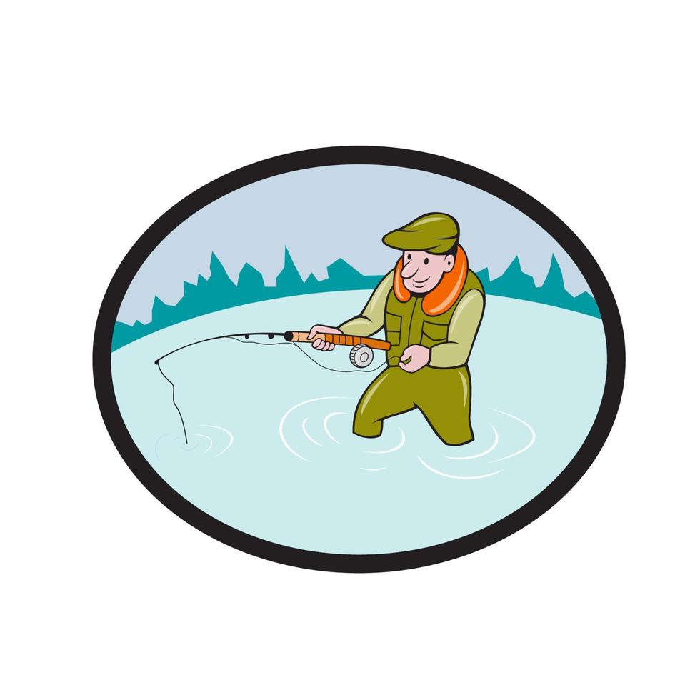pescador con mosca fundición caña de pescar oval dibujos animados vector
