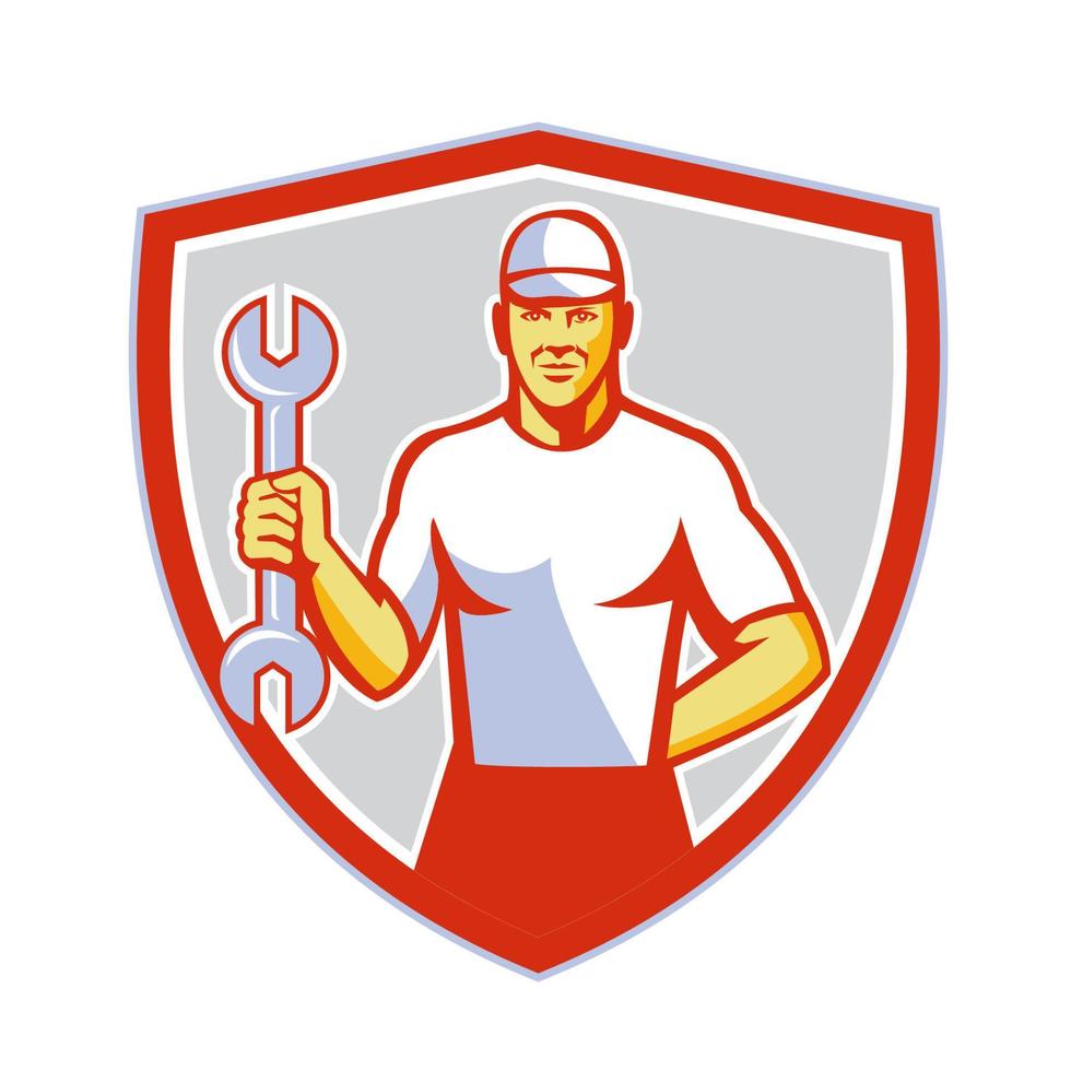 Mechanic Holding Wrench Crest Retro vector