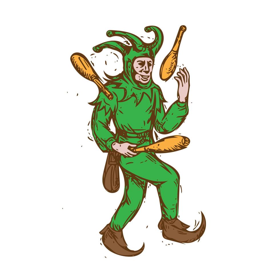 Medieval Jester Juggling Wooden Pins Drawing vector