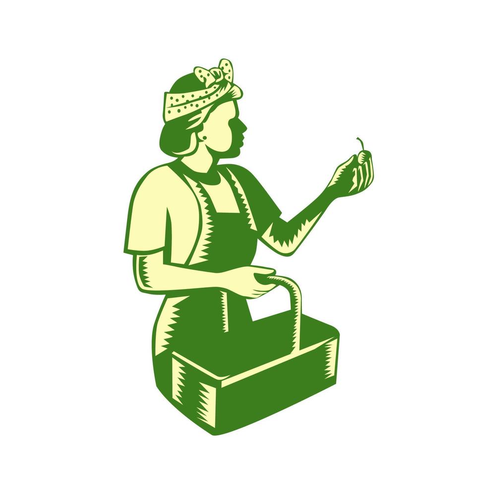 Female Fruit Picker Worker Basket Woodcut vector