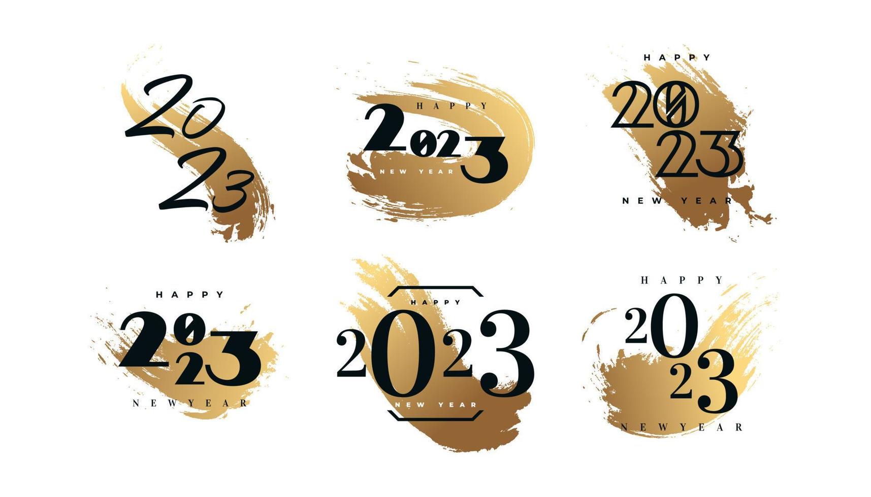 Set of 2023 Happy New Year Logo Text Design with Golden Brush. 2023 Happy New Year Symbol Isolated on White Background. Usable for Label, Calendar Design or Celebration Card vector