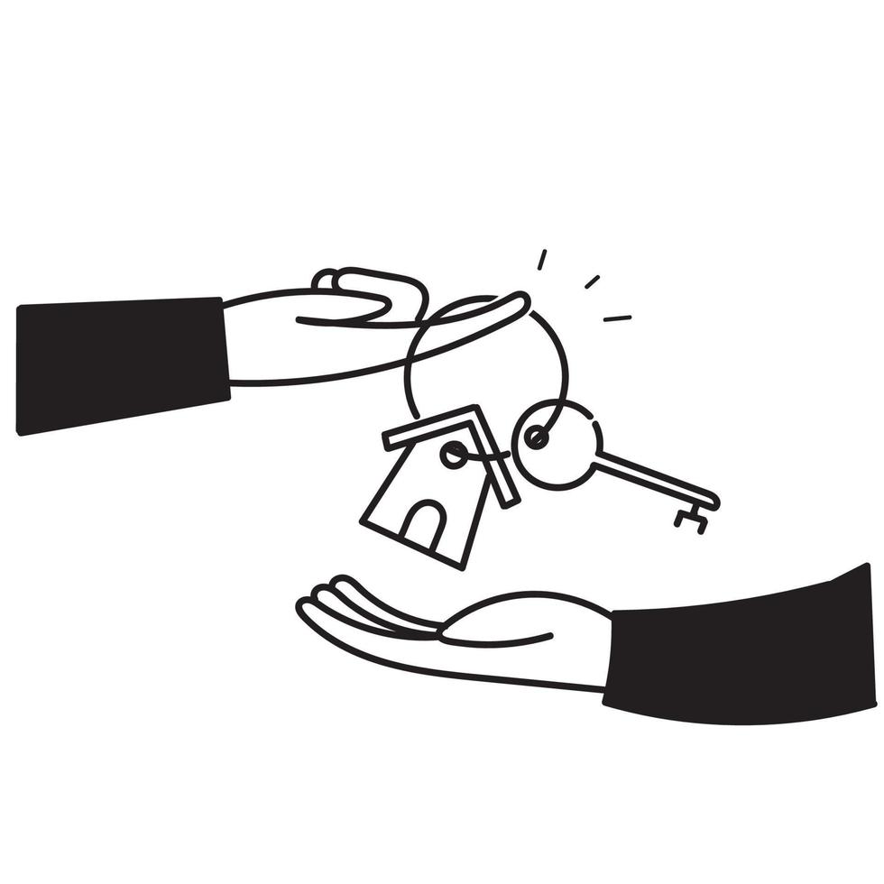 hand drawn doodle hands giving keys real estate concept illustration vector