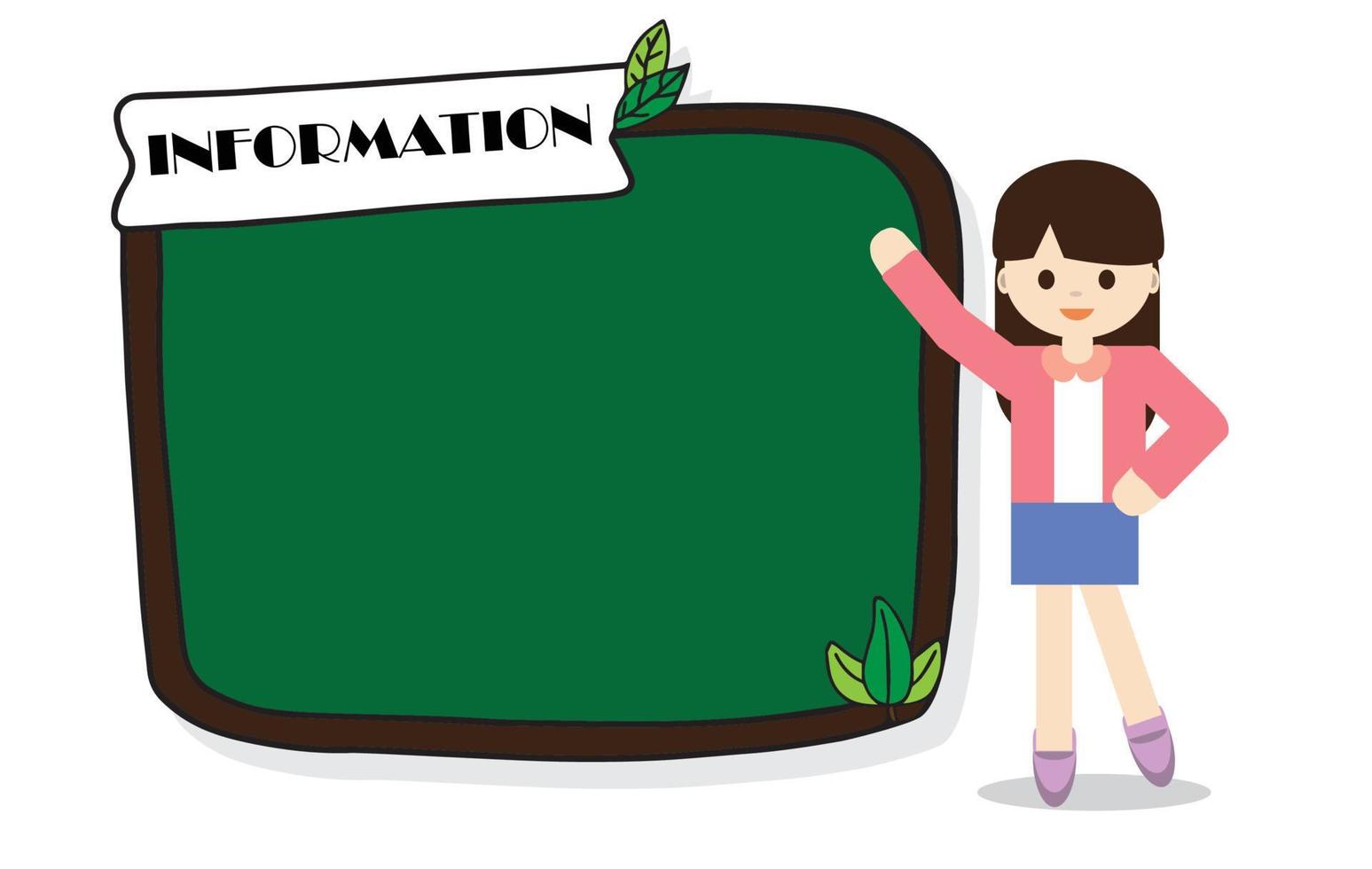 Funny Smiling girl standing beside and point to blackboard and copy space can show information for presentation, banner, manual, brochure. Vector illustration isolated on white background.