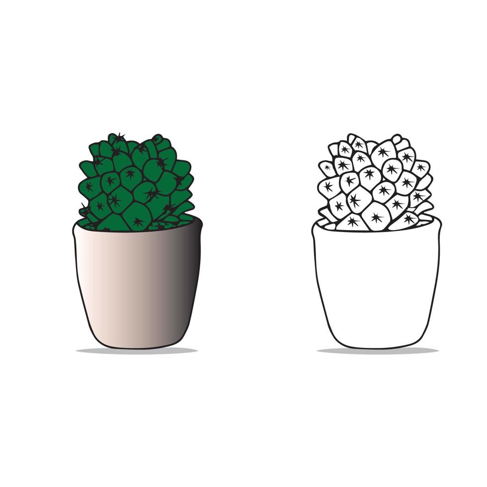 Hand drawn doodle Cactus color and outline  black and white isolated on white background. Vector cactus in pots collection. Desert plants illustration for stickers, coloring book, print, planners