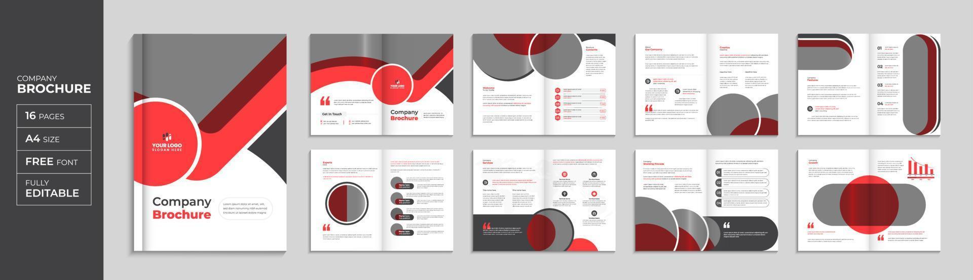 Red corporate 16 page brochure and booklet template, modern company profile layout Pro Vector
