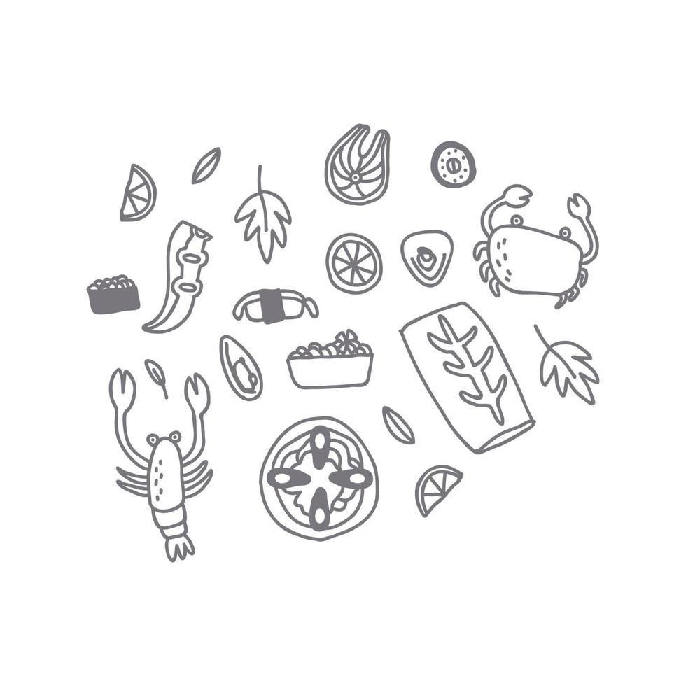 Gray and White Fish Food Doodles vector