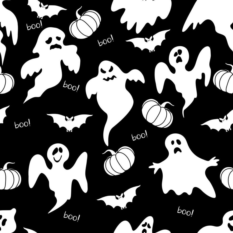 Happy Halloween. Seamless pattern with pumpkins, haunted and bat. Vector illustration.