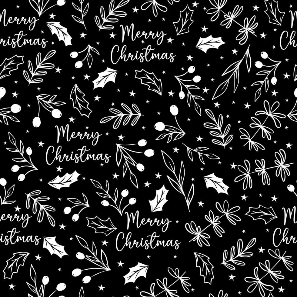 Christmas seamless pattern with twigs, berries, leaves, stars on a black background vector