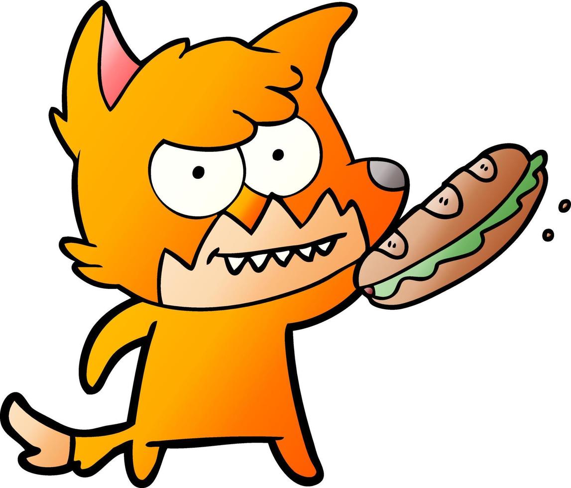 cartoon grinning fox with sandwich vector