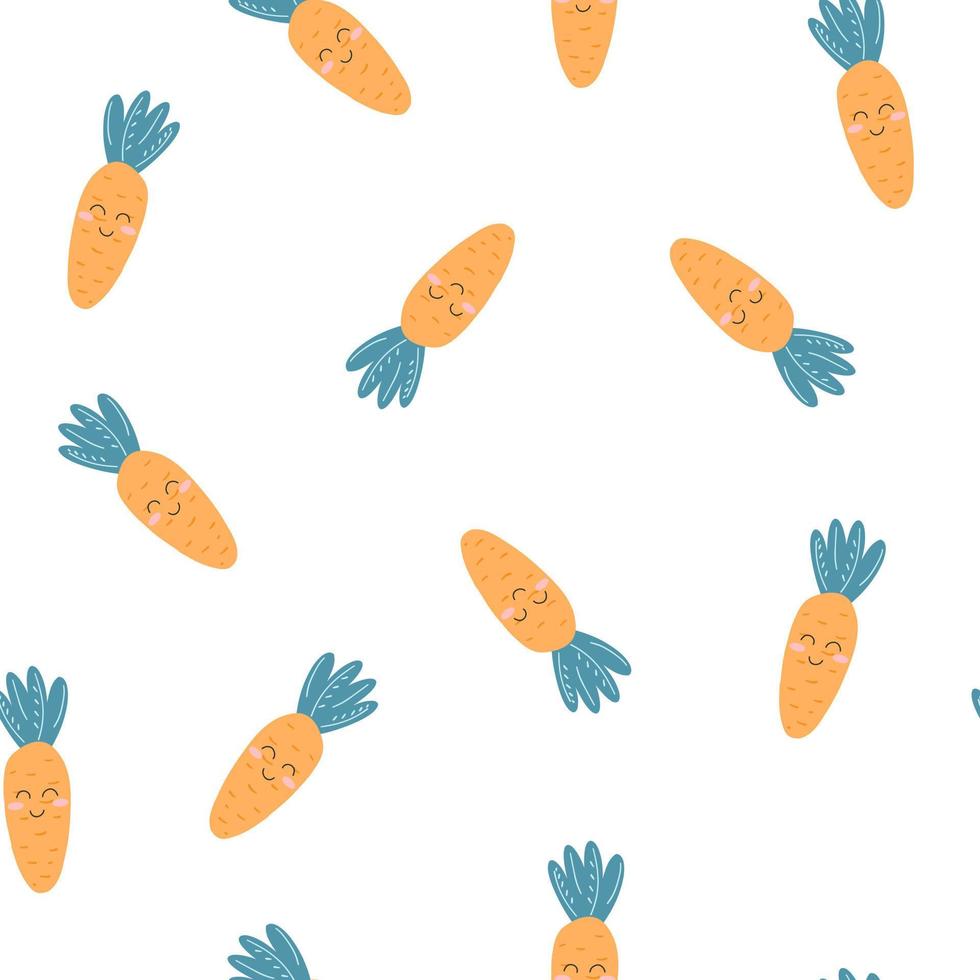 patrón impecable con linda zanahoria kawaii con cara feliz en estilo plano. ilustración vectorial dibujada a mano de fondo de dibujos animados para niños para papel de envolver, impresión de tela, cubierta, diseño de tarjeta vector