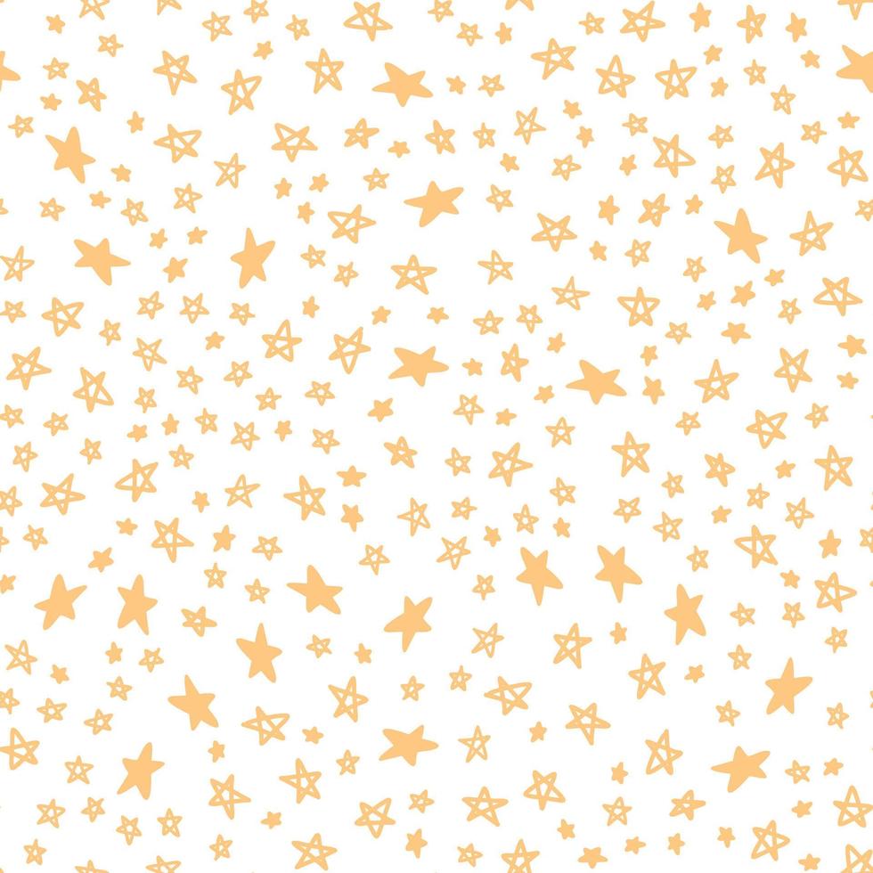 patrón impecable con estrellas doradas dibujadas a mano sobre fondo blanco. ilustración vectorial de elementos del cielo nocturno, cuerpos celestes para papel de envolver, impresión de tela, cubierta, diseño de tarjeta vector