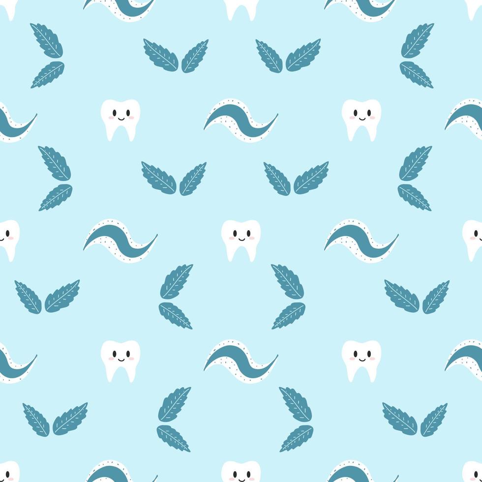 Seamless pattern with cute kawaii healthy tooth. Vector illustration of cartoon teeth on blue background for wrapping paper, fabric print, cover, card and web design