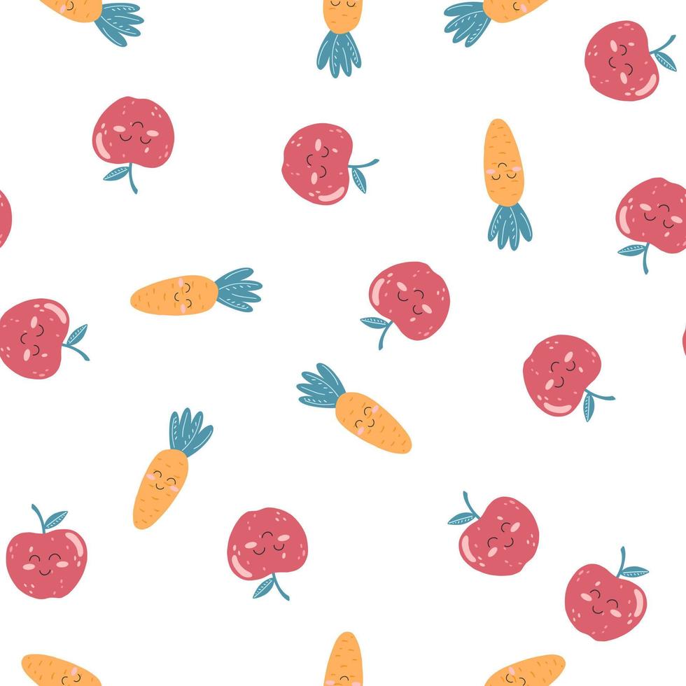 Seamless pattern with cute kawaii apple and carrot with happy face in flat style. Hand drawn vector illustration of fruits and vegetables, children cartoon background for wrapping paper, fabric print