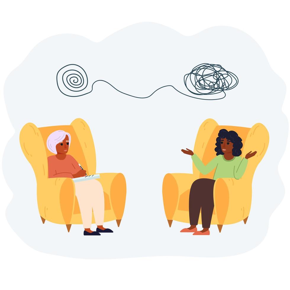 Psychologist appointment in cartoon flat style. Concept of mental health. Vector illustration of doctor counseling patient. Two black women talking, psychology consultation