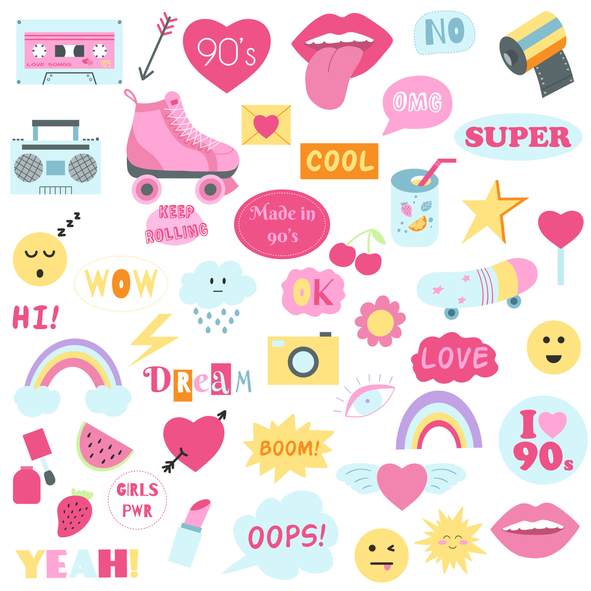Vector Set Of Cute Template With Patches And Stickers In 90s Style