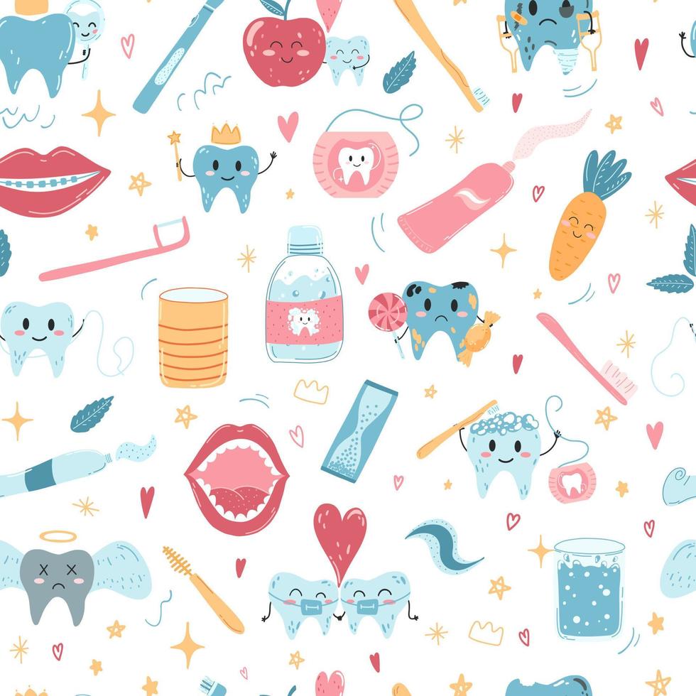 patrón impecable con personajes de dientes kawaii dibujados a mano y productos para el cuidado bucal en estilo plano de dibujos animados. ilustración vectorial de fondo de niños de dibujos animados para papel de envolver, impresión de tela, cubierta vector